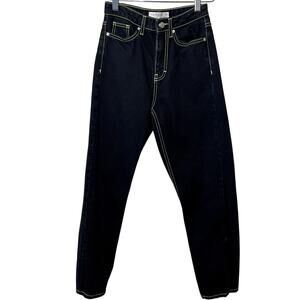 Topshop Mom Black W/ Bright Green Threading High Waisted Straight Leg Jean Sz 25